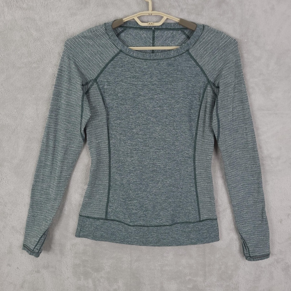 Lululemon Long Sleeve Shirt Womens 8 Green Seamless Running Back Zip Pocket